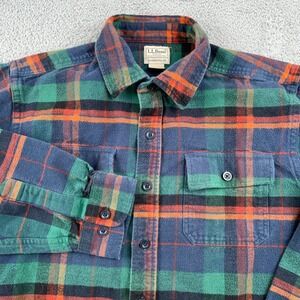 LL Bean Shirt Mens Large Green Blue Plaid Chamois Cloth Flannel Traditional Fit